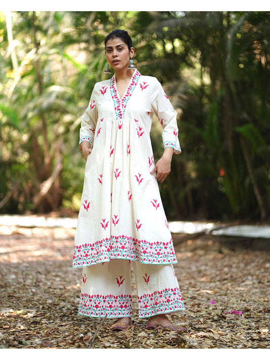 Womens Printed A-Line Cream Co-Ord (Set of 2)