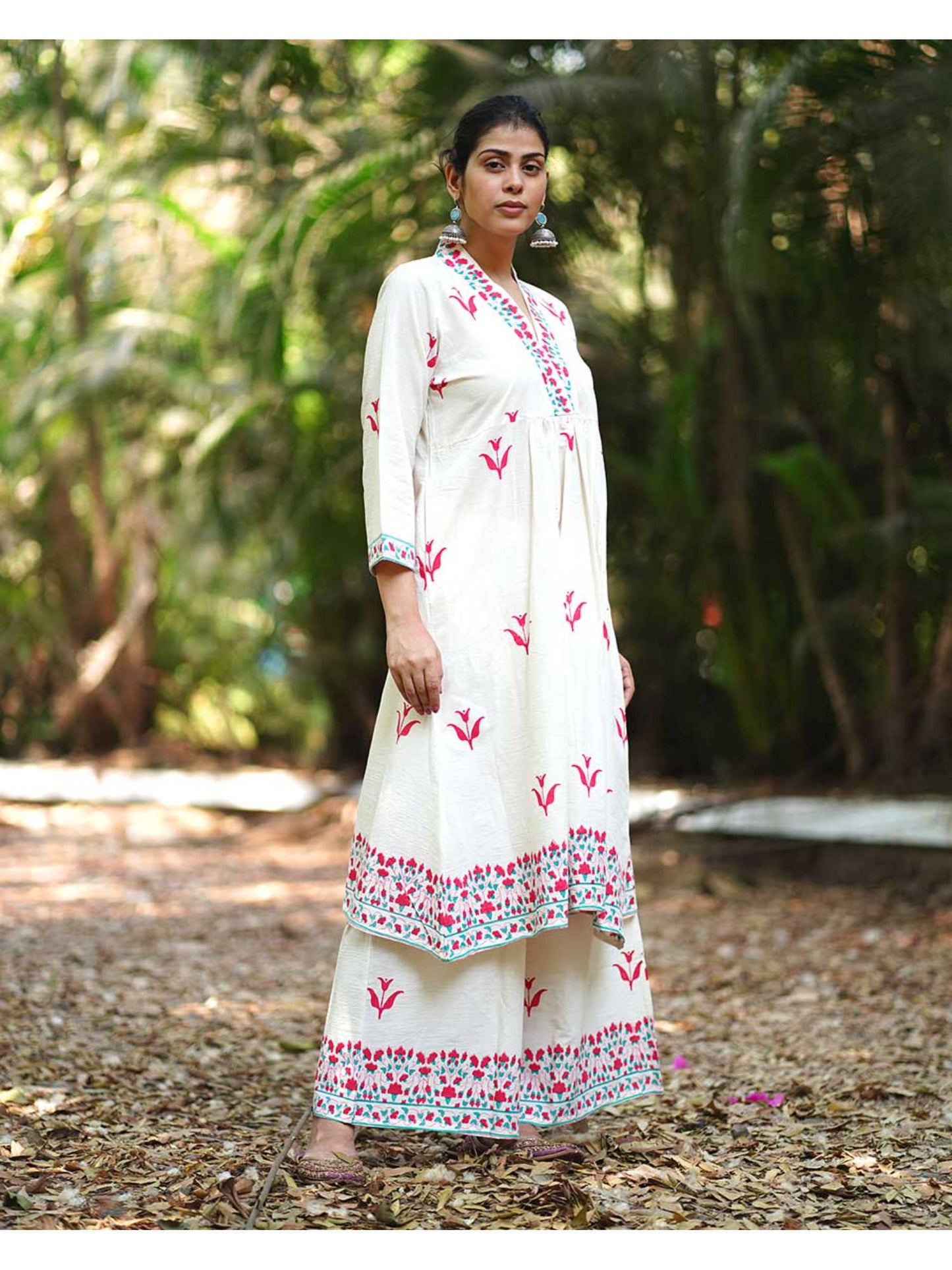 Womens Printed A-Line Cream Co-Ord (Set of 2)