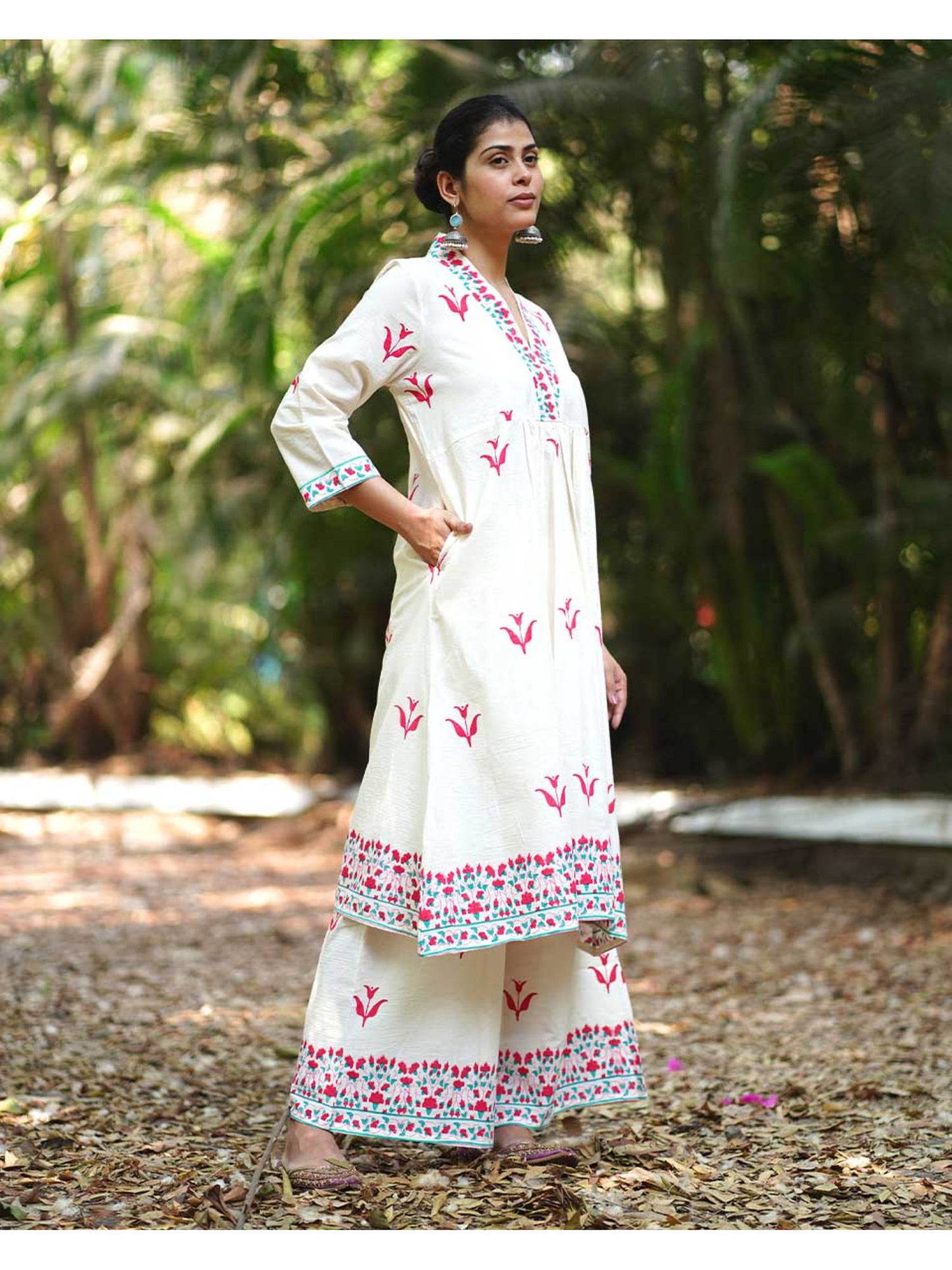 Womens Printed A-Line Cream Co-Ord (Set of 2)
