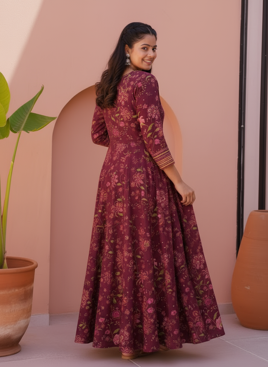 Viscose Floral Anarkali Wine Dress