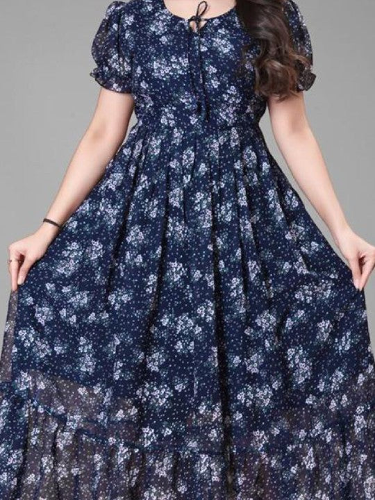 BAESD Floral Print Tie-Up Neck Puff Sleeve Maxi Dress