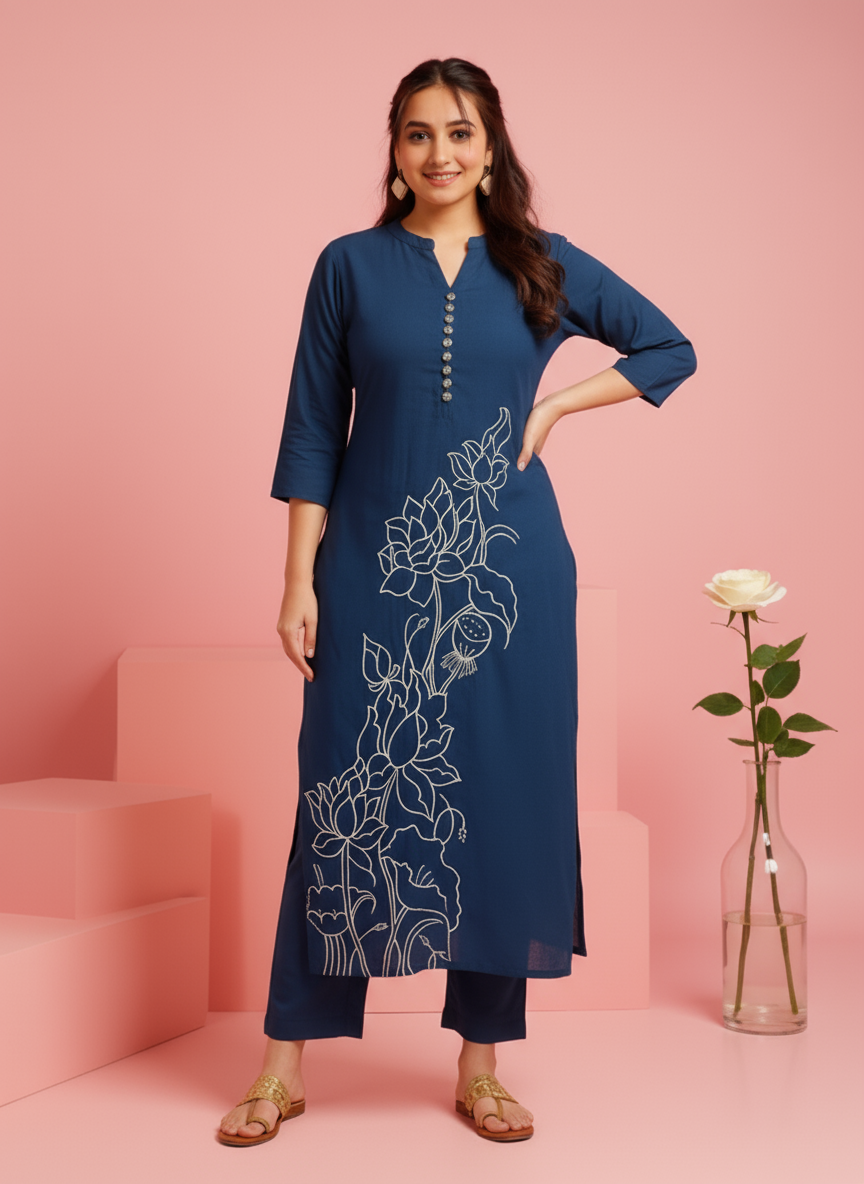 Embroidered Linen Cotton Solid Straight Teal Kurta