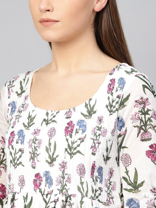 Biba Off-White & Pink Floral Printed A-Line Dress