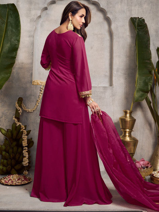 Inddus Floral Embroidered Sequinned Kurta With Palazzos & Dupatta