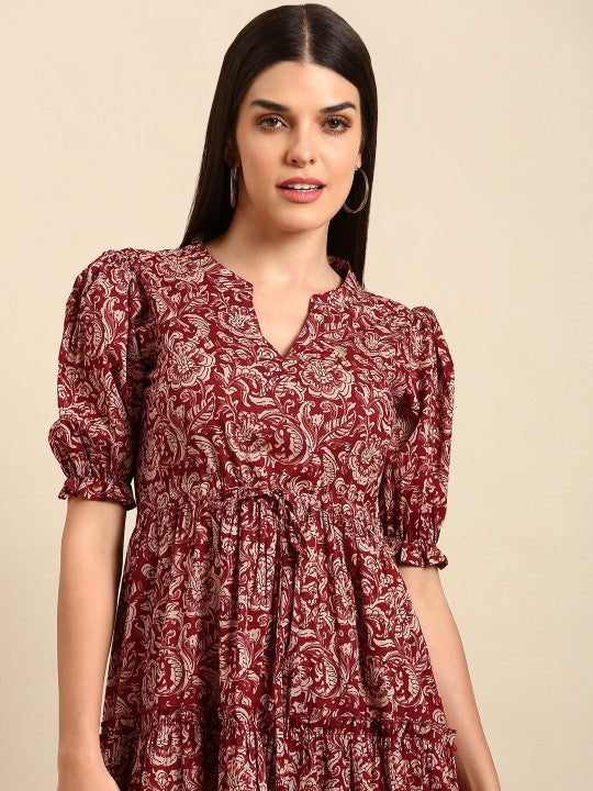 anayna Red Floral Ethnic A-Line Cotton Midi Ethnic Dress