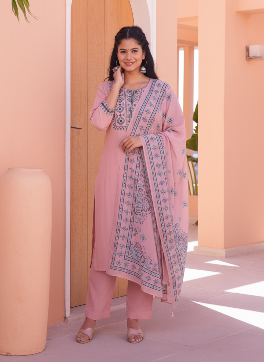Embroidered Linen Cotton Solid Straight Peach Kurta
