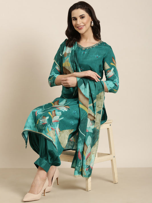 Floral Printed V-Neck Sequinned Kurta with Patiala & With Dupatta
