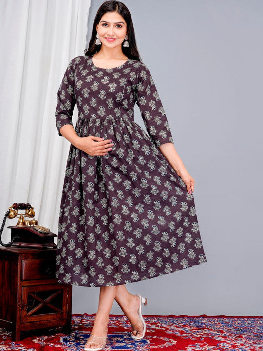 ao services Ethnic Motifs Printed Round Neck Gathered Fit & Flare Ethnic Dress