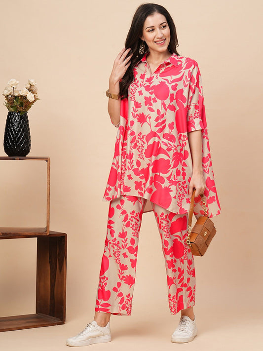 Women Beige &amp; Pink Allover Floral Print Shirt Style Kaftan Top &amp; Trousers Co-Ord Set