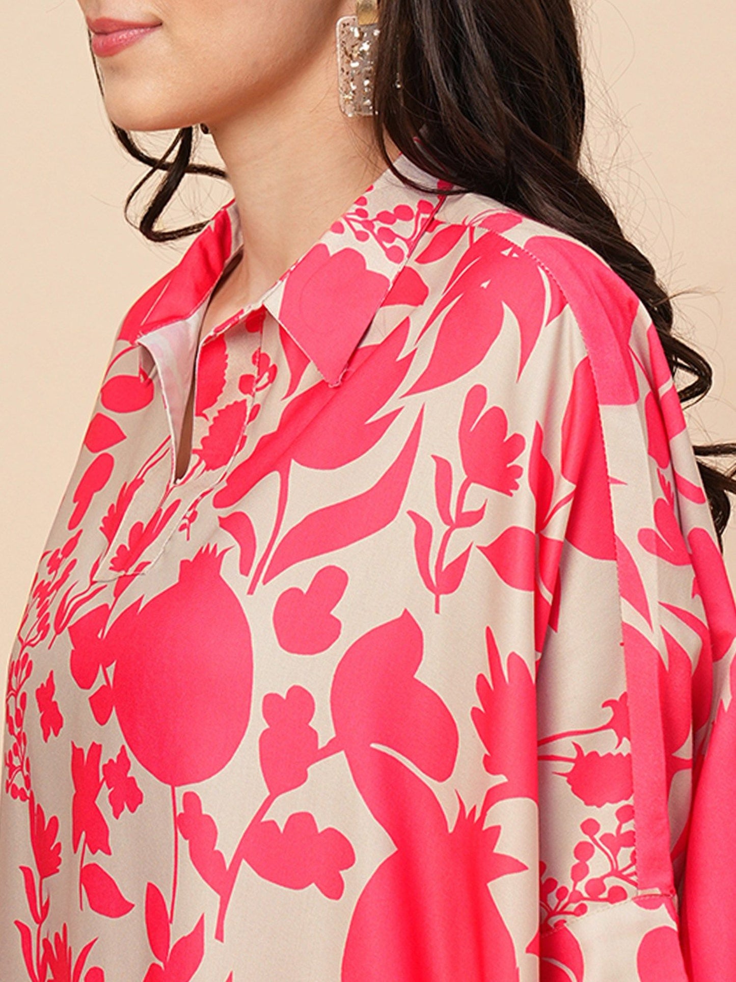 Women Beige &amp; Pink Allover Floral Print Shirt Style Kaftan Top &amp; Trousers Co-Ord Set