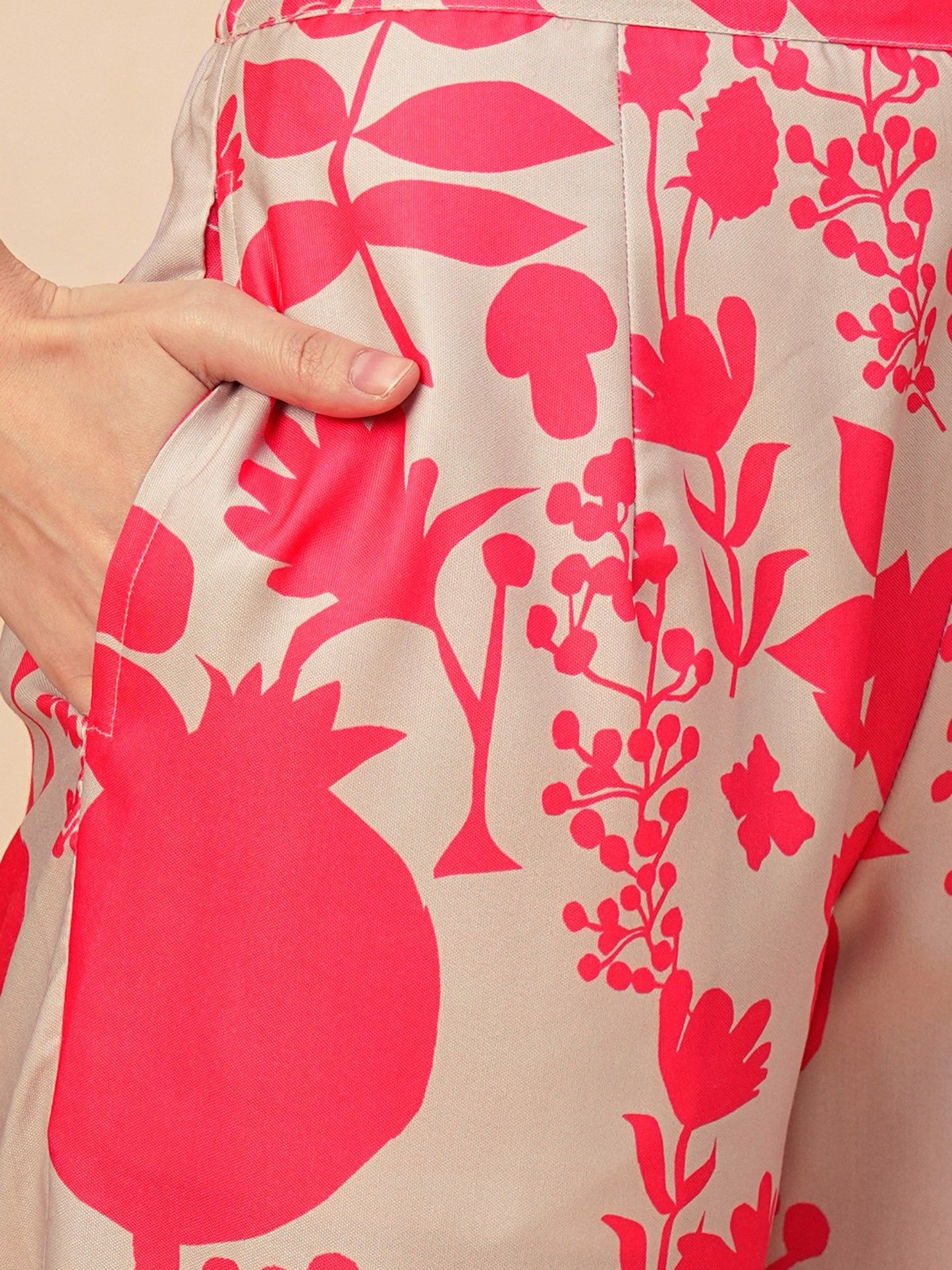 Women Beige &amp; Pink Allover Floral Print Shirt Style Kaftan Top &amp; Trousers Co-Ord Set