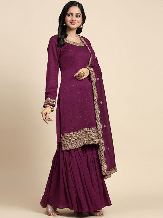 Trendmalls Floral Embroidered Sequinned Anarkali Kurta & Sharara With Dupatta