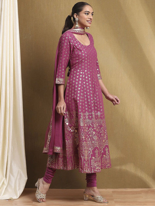 Biba Floral Printed Round Neck Pure Cotton A-Line Kurta With Churidar & Dupatta
