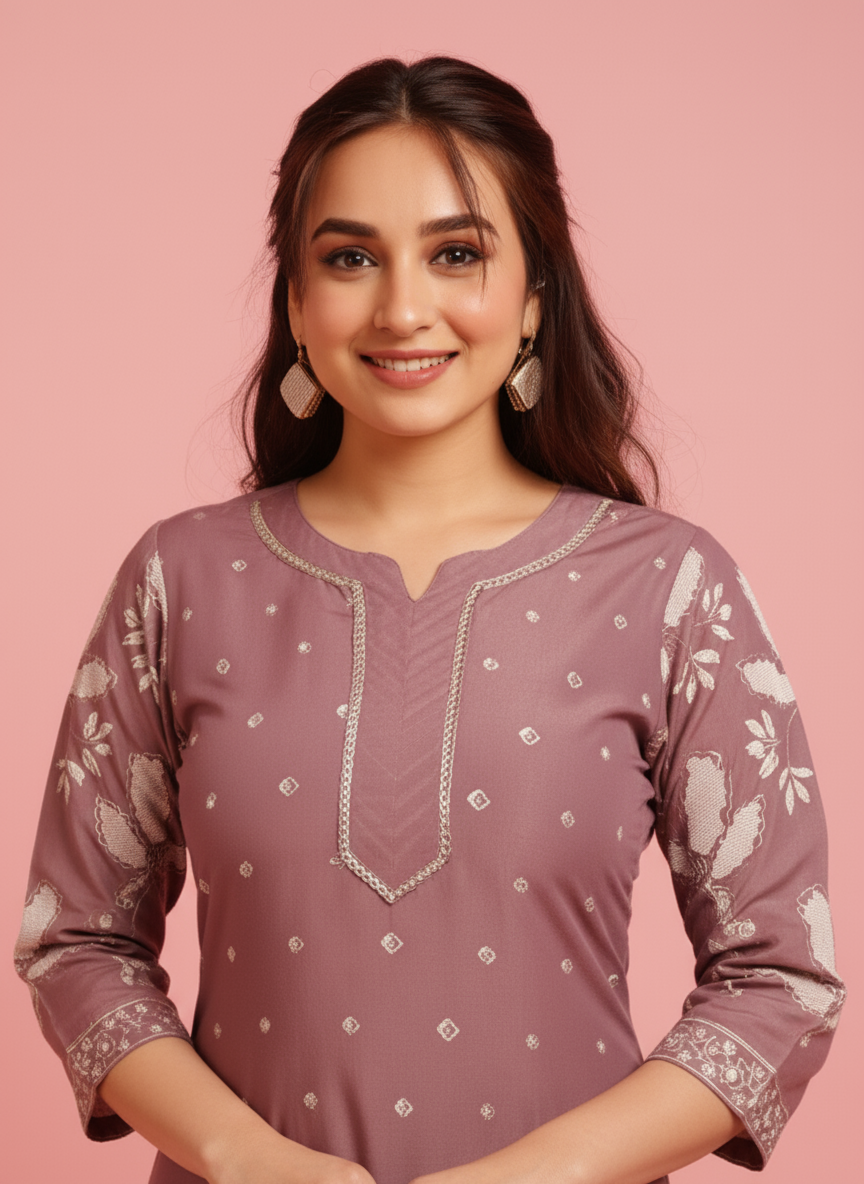 Embroidered Tussar Silk Placement Print Straight Mauve Kurta
