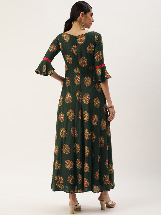 Ethnovog Green Ethnic Motifs Ethnic A-Line Maxi Dress