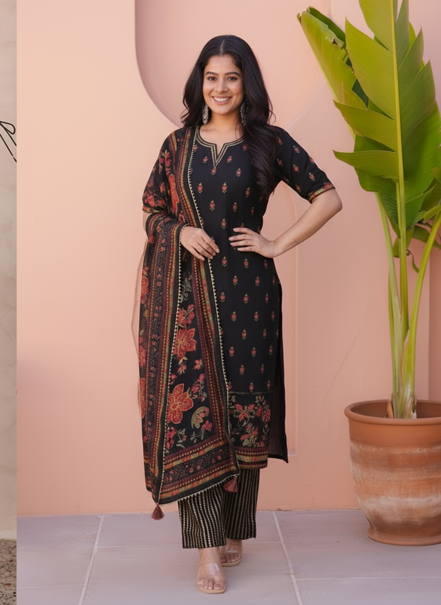 Embroidered Viscose Floral Straight Black Kurta