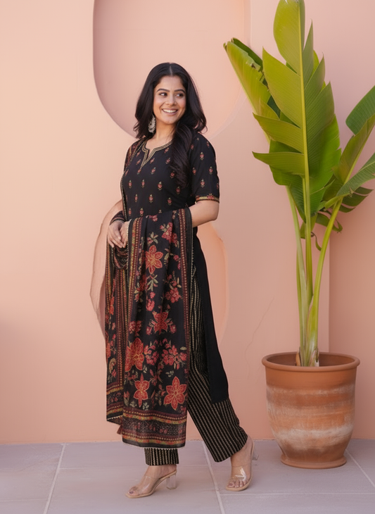 Embroidered Viscose Floral Straight Black Kurta