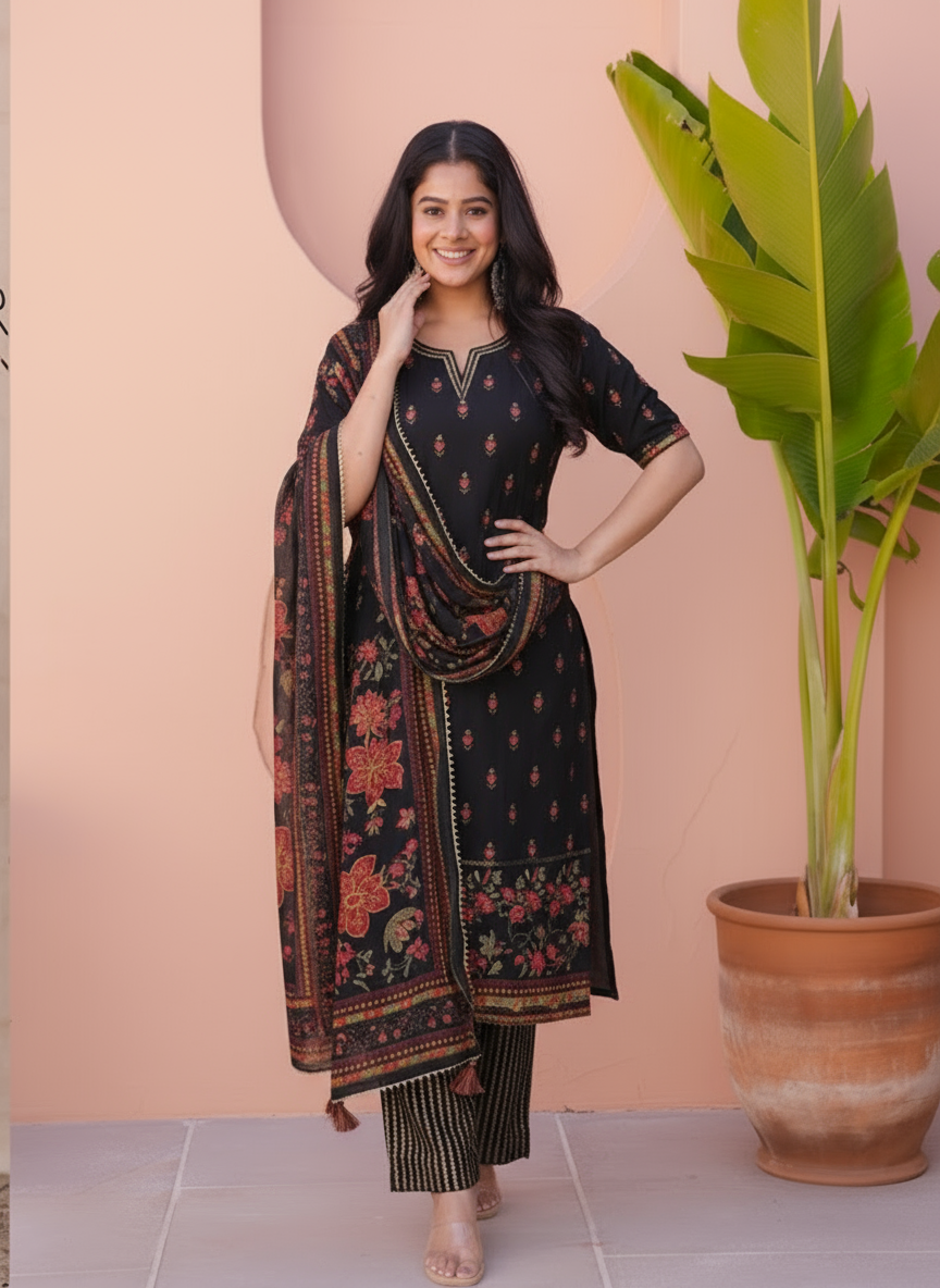 Embroidered Viscose Floral Straight Black Kurta