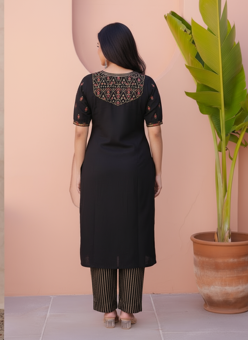Embroidered Viscose Floral Straight Black Kurta