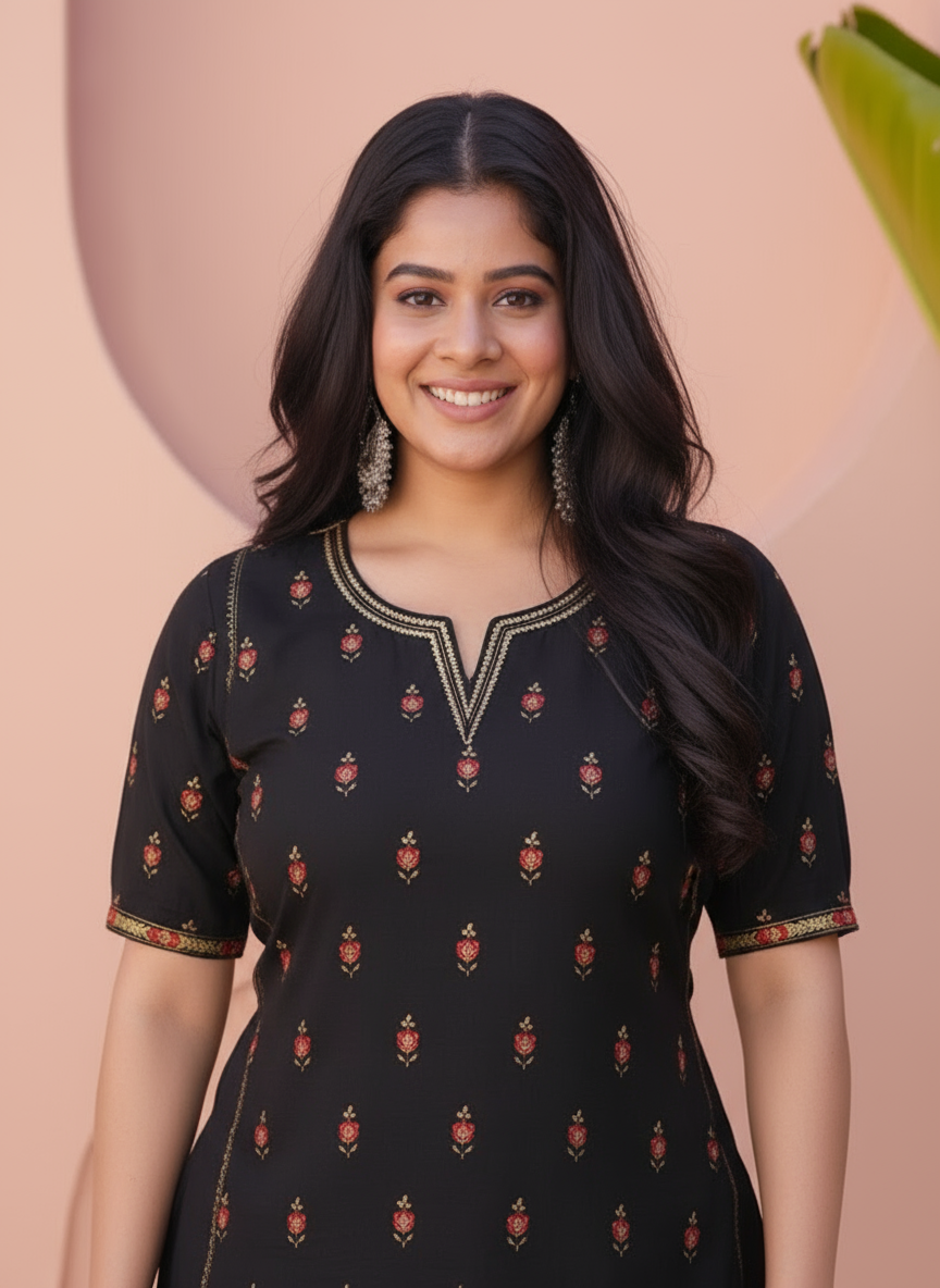 Embroidered Viscose Floral Straight Black Kurta