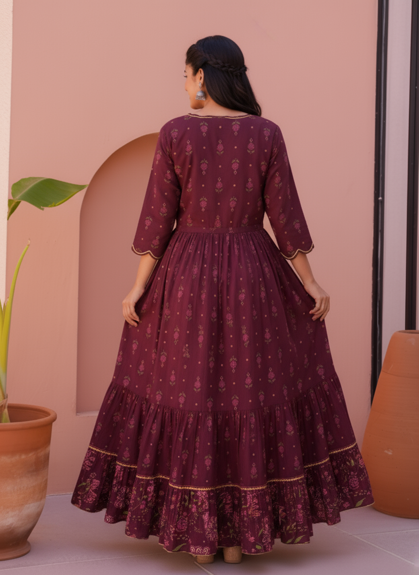 Viscose Butta Anarkali Wine Dress