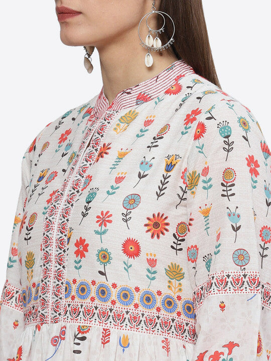 Biba Floral Printed Puff Sleeve Fit & Flare Midi Ethnic Dress