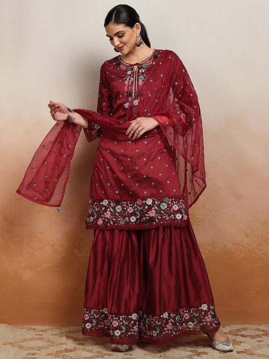 Women Maroon Floral Kurta with Sharara &amp; Dupatta (Set of 3)