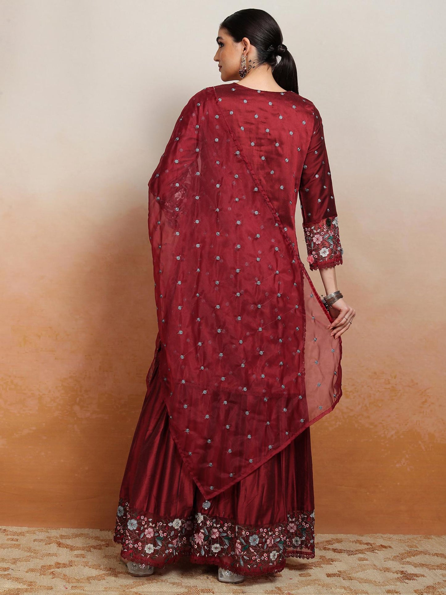Women Maroon Floral Kurta with Sharara &amp; Dupatta (Set of 3)
