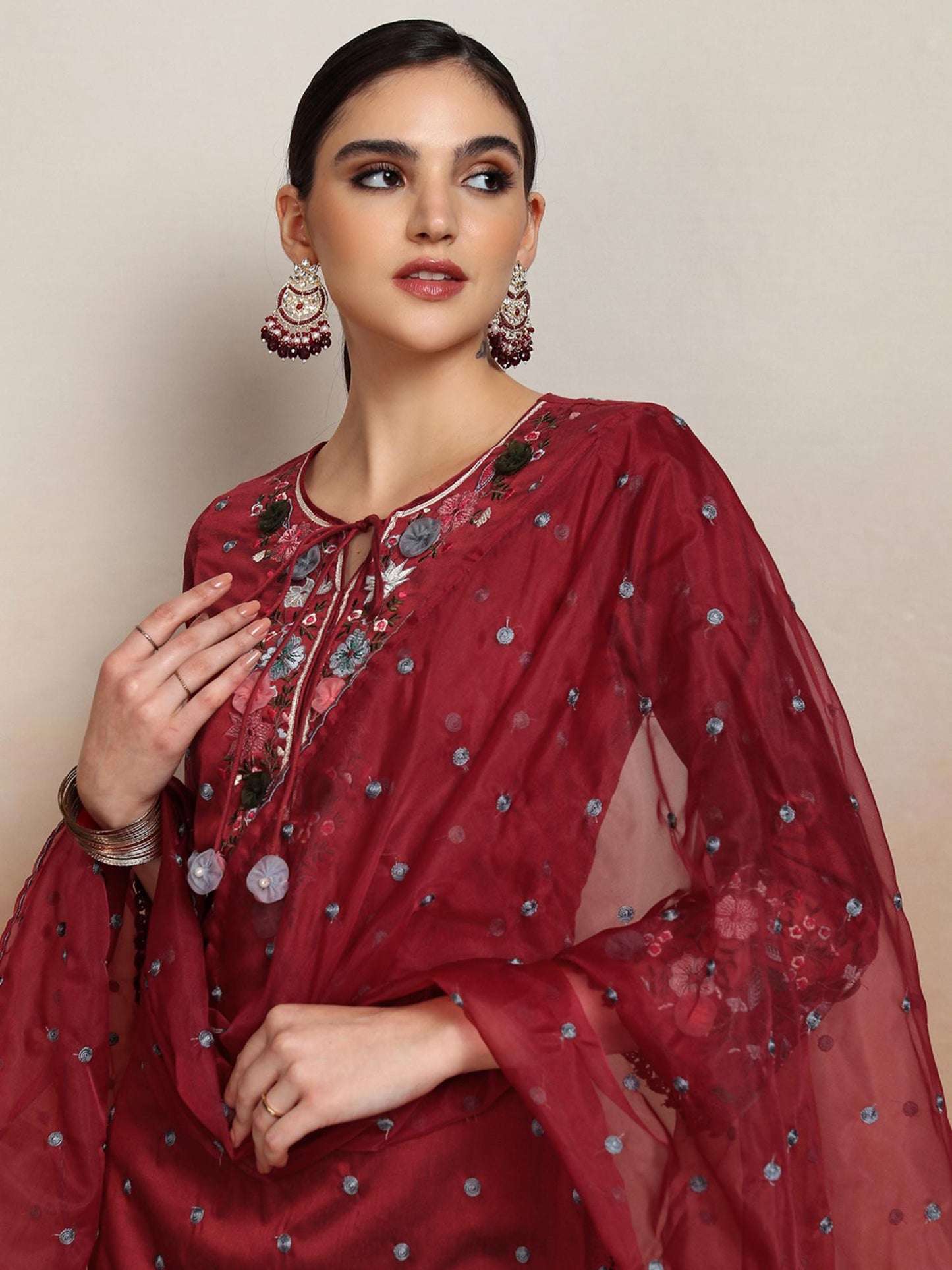 Women Maroon Floral Kurta with Sharara &amp; Dupatta (Set of 3)