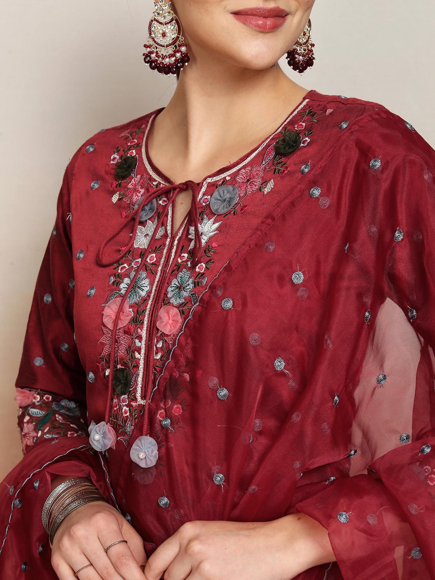 Women Maroon Floral Kurta with Sharara &amp; Dupatta (Set of 3)