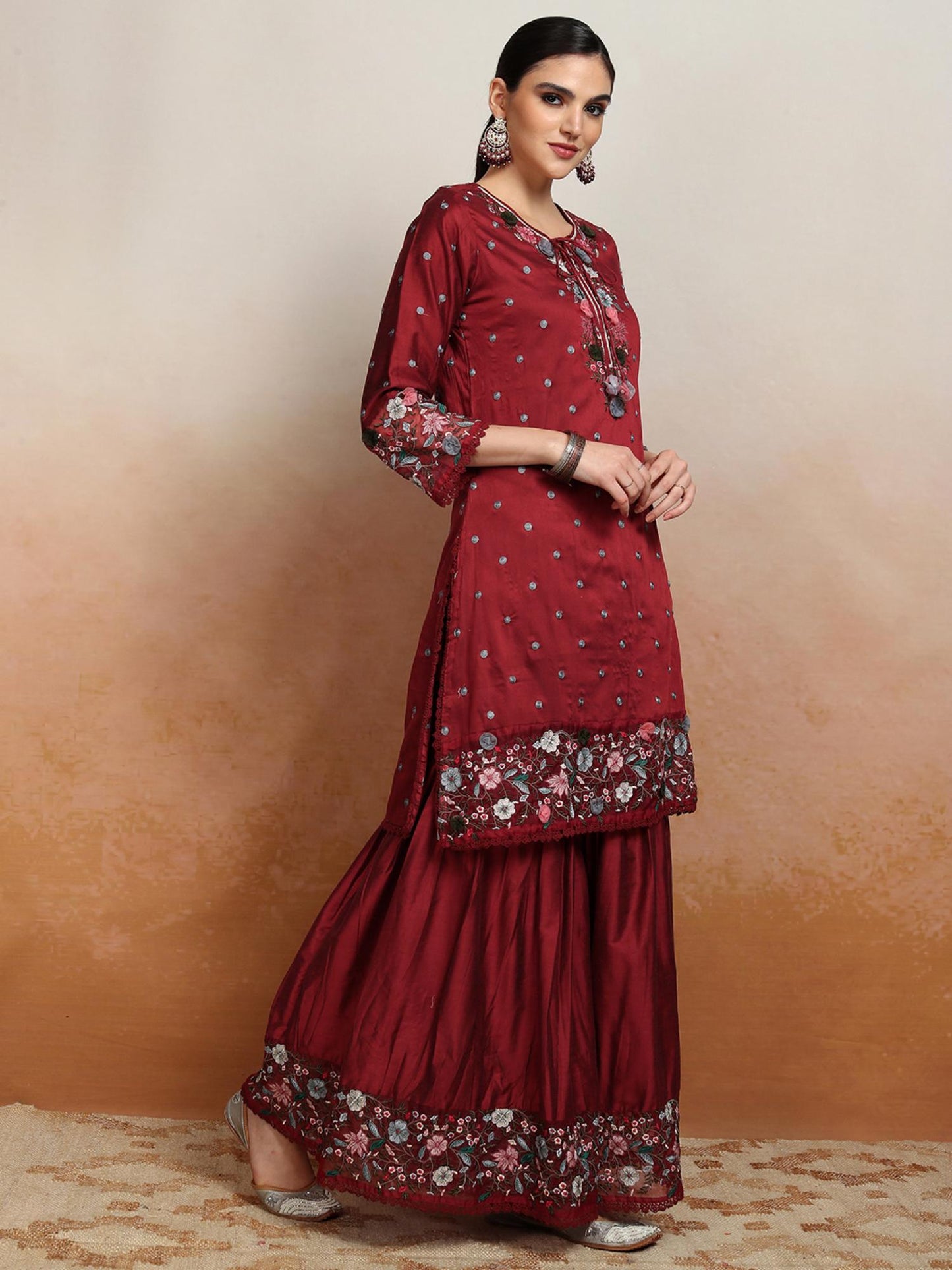 Women Maroon Floral Kurta with Sharara &amp; Dupatta (Set of 3)