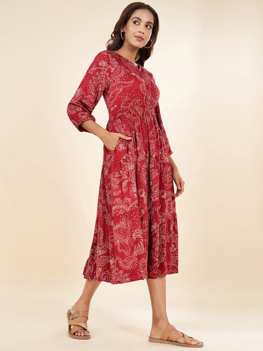 AKKRITI BY PANTALOONS Printed Round Neck Fit & Flare Midi Dress