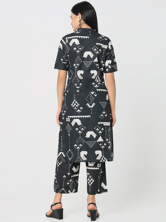 Printed Pure Cotton Mandarin Collar Top & TrousersCo-OrdsSet