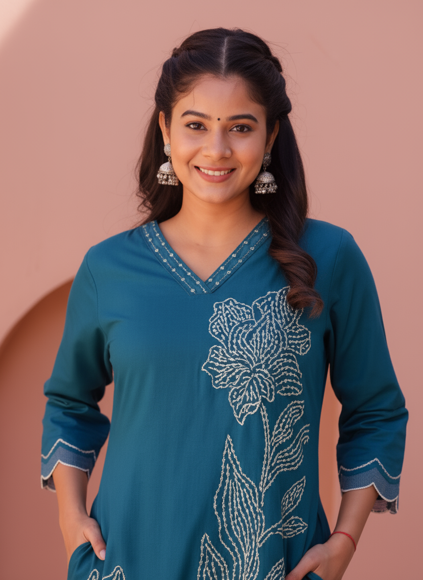 Embroidered Roman silk Placement Print A-line Teal Kurta