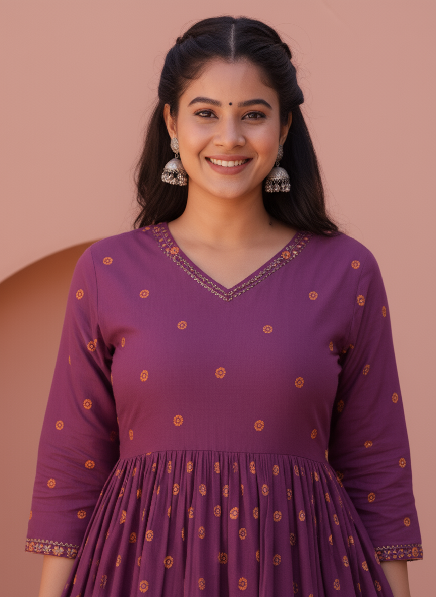 Soft Cotton Placement Print Anarkali Purple Dress