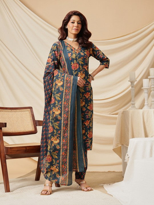 Ginni Arora Label Women Floral Printed Cotton Kurta with Trousers & Dupatta