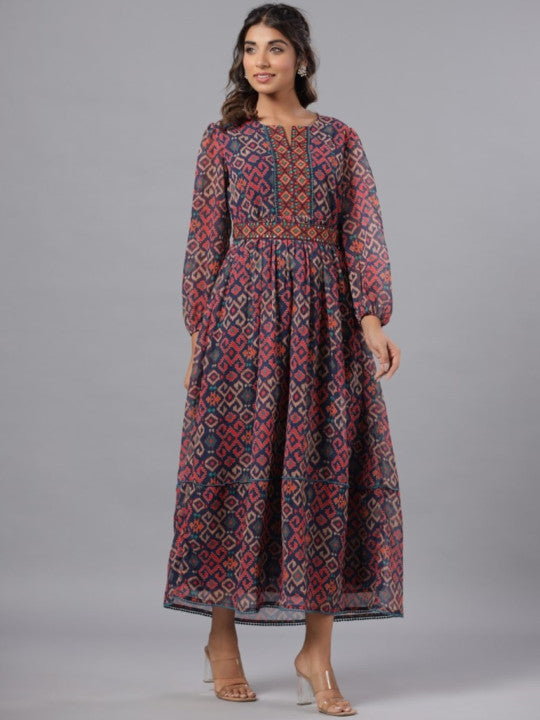 Printed Puff Sleeves Maxi Ethnic Dresses With Matching Belt
