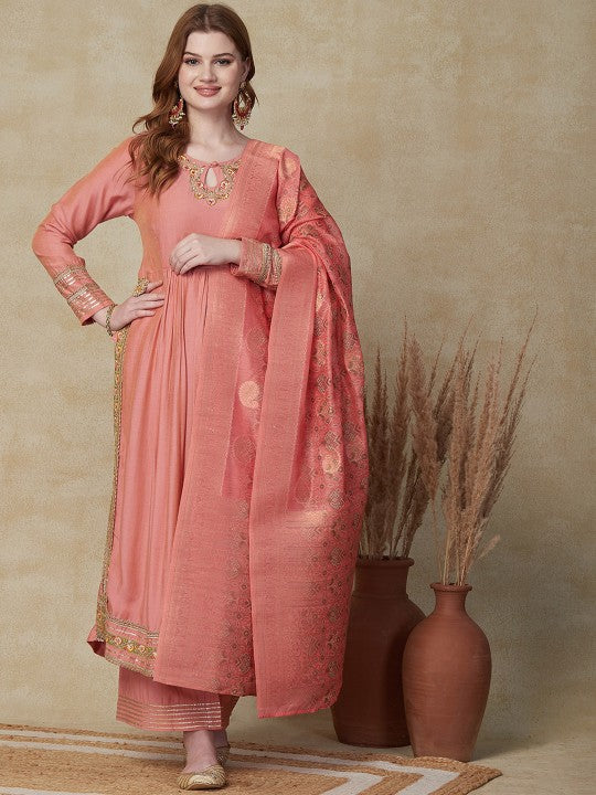 FASHOR Peach-Coloured Floral Embroidered Gotta Patti Kurta