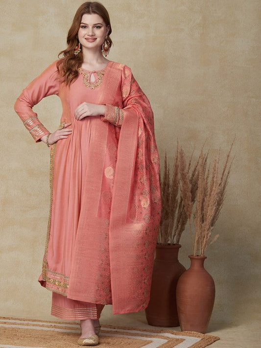FASHOR Peach-Coloured Floral Embroidered Gotta Patti Kurta
