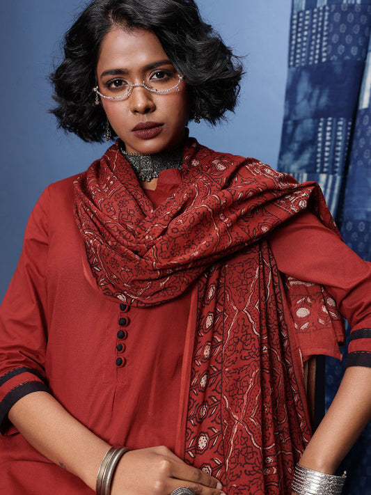 Taavi Ajrakh Pure Cotton Kurta With Trousers & With Dupatta