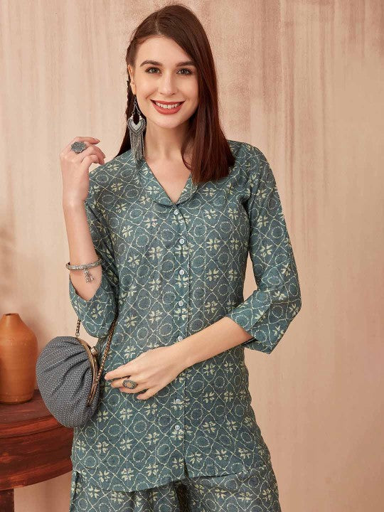 CHANSI Casual Printed V-Neck Tunic & Trousers