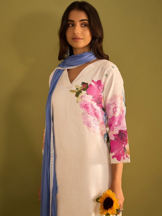Indo Era Floral Printed Beads and Stones Linen Straight Kurta with Trouser & Dupatta