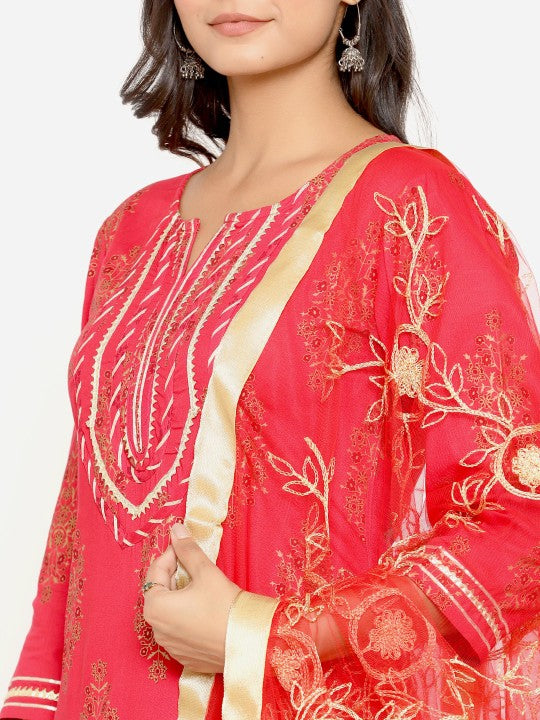 Fabriko Women Red Ethnic Motifs Printed Gotta Patti Kurta with Palazzos & With Dupatta