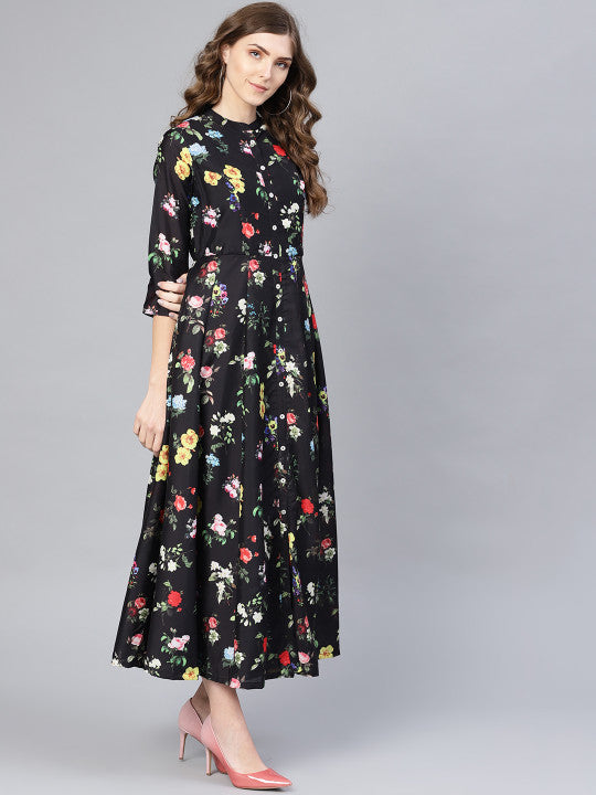 Biba Black & Red Floral Print Maxi Dress