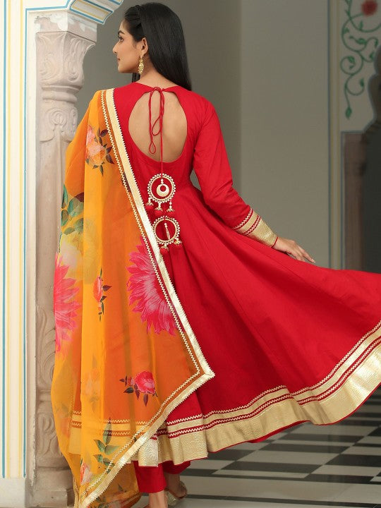 GILLORI Sequined & Gotta Patti Pure Cotton Anarkali Kurta & Trousers With Dupatta