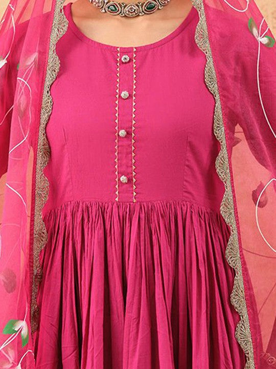Ishin Floral Printed Gotta Patti High Slit Pure Cotton Kurta With Trousers & Dupatta