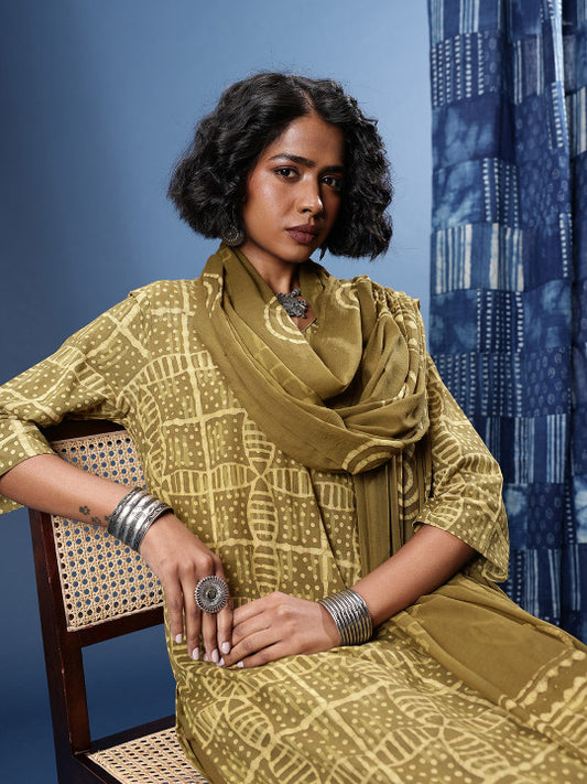 Taavi Pure Cotton Indie Printed V-Neck Block Print Legacy Kurta with Trousers & Dupatta