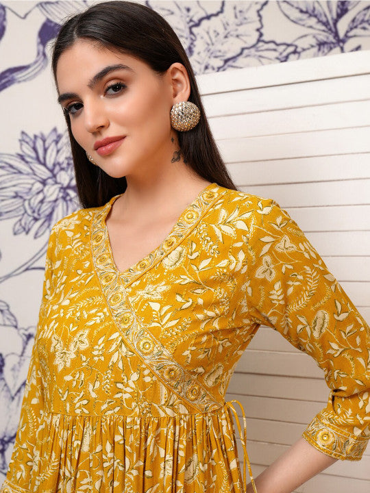 Vishudh Floral Printed Flared Sleeves A-Line Midi Dress