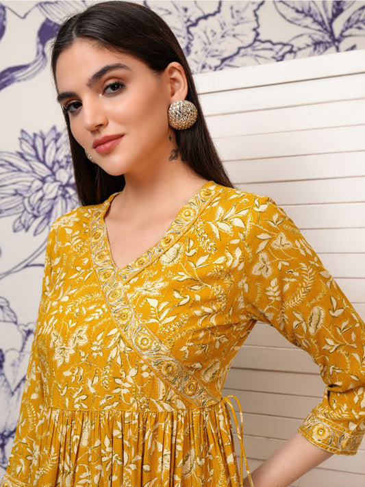Vishudh Floral Printed Flared Sleeves A-Line Midi Dress