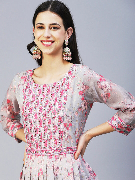 FASHOR Round Neck Floral Printed Silk Maxi Dress
